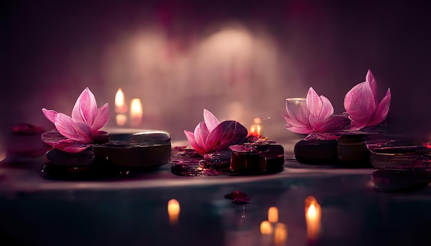 Abstract interior spa background with candles rose petals and lotuses 3D illustration Ai render