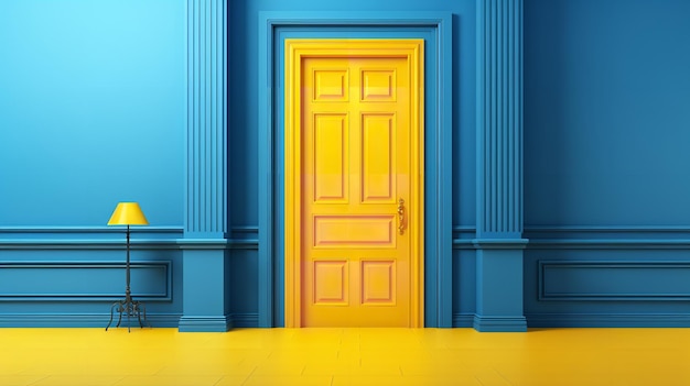 Abstract interior with a yellow door and blue backdrop and empty space generative ai