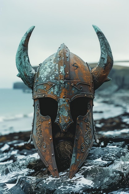 Photo an abstract interpretation of a viking helmet its horns a swirl of metallic ribbons weaving tales of the sea and sky