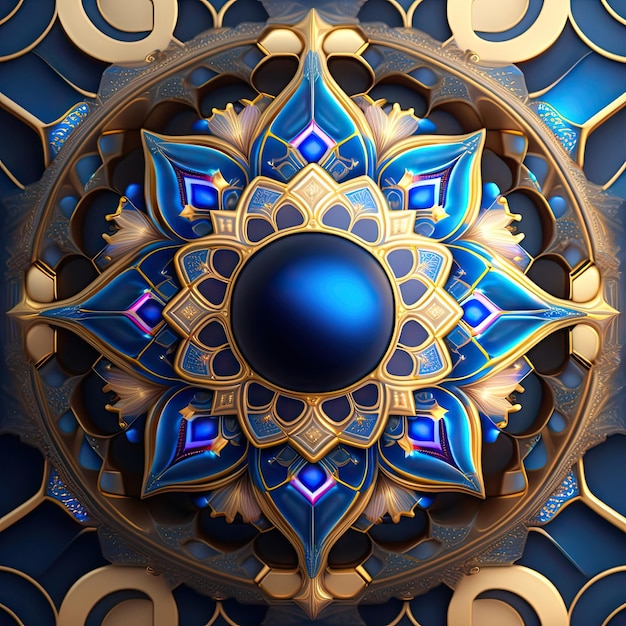 Abstract intricate symmetrical blue ornament Fantastic glowing fractal shapes Festive wallpaper