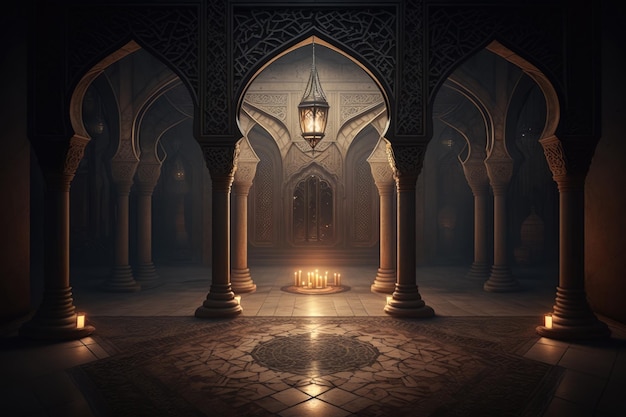 Abstract Islamic interior lantern candles lamps arches columns Room with columns and a candle