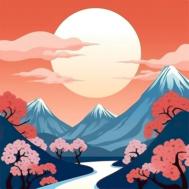 Abstract japaneese lansdcape with mountines illustration