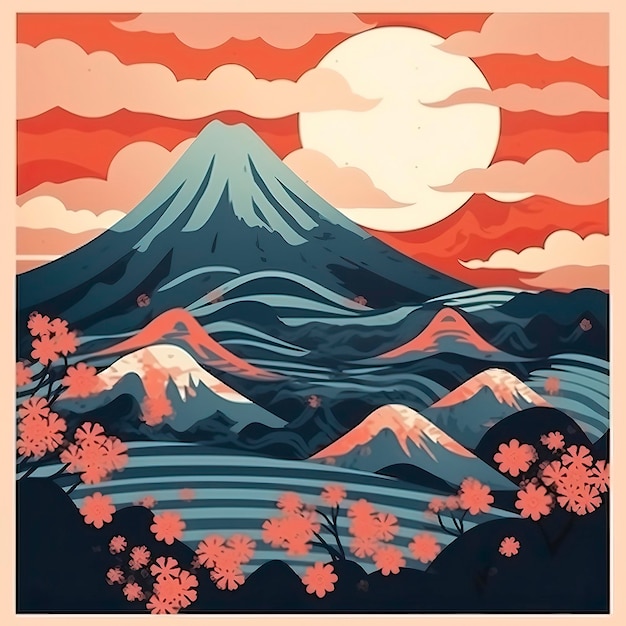 Abstract japaneese lansdcape with mountines illustration