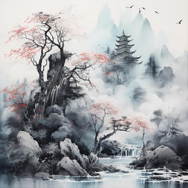 Abstract japanese ink wash landscape painting