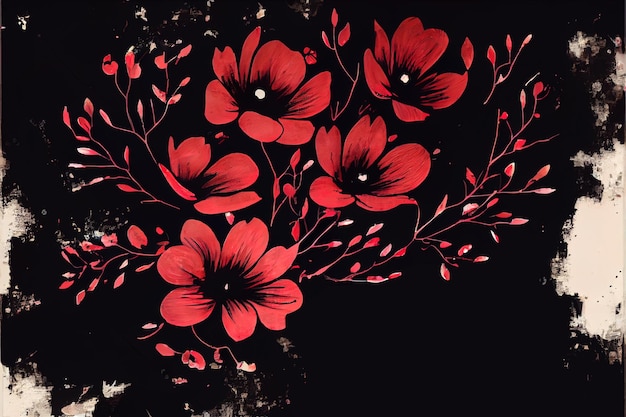 Abstract japanese painting red flowers on black background Generative AI