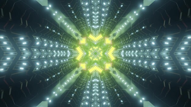 Abstract kaleidoscopic background of neon tunnel with yellow geometric element as 3d illustration