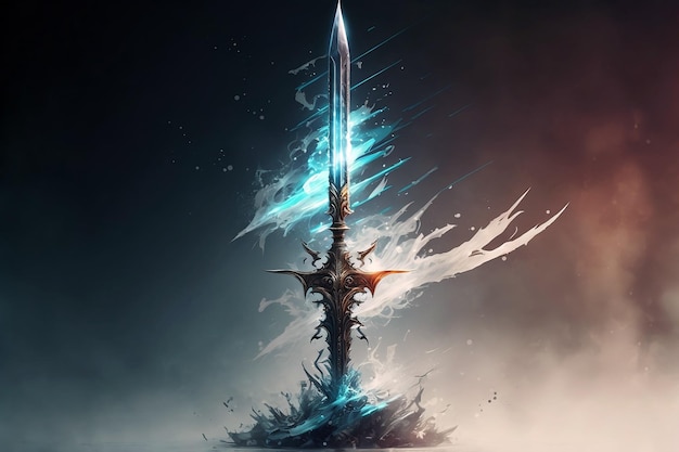 Abstract king knight or warrior sword with colorful lighting ray effect glow with Generative AI