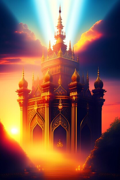 Abstract kingdom of heaven palace in the sky castle in the sky with sunset rays