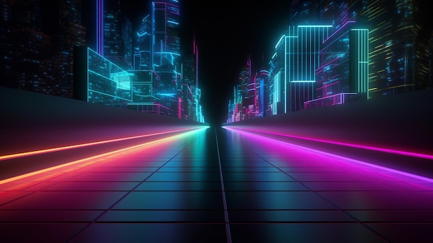 abstract kleuren neonlicht voetpad Neonlichten op een donkere tunnel met een stad op de achtergrond
