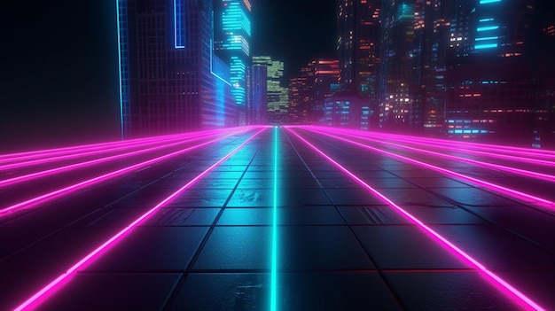 abstract kleuren neonlicht voetpad Neonlichten op een donkere tunnel met een stad op de achtergrond