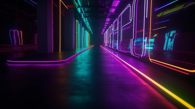 abstract kleuren neonlicht voetpad Neonlichten op een donkere tunnel met een stad op de achtergrond