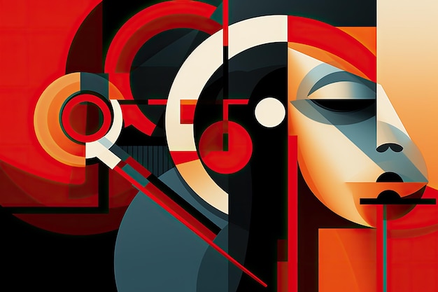 Abstract kleurrijk geometrische compositie met cirkels, lijnen en rechthoeken op zwarte achtergrond Abstract hedendaags minimalisme kubisme kunst abstractionisme stijl illustratie AI gegenereerd