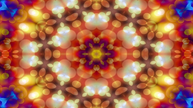 Foto abstract kleurrijk glanzend en hypnotiserend concept symmetrisch patroon sier decoratieve caleidoscoop beweging geometrische cirkel en stervormen