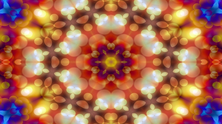 Foto abstract kleurrijk glanzend en hypnotiserend concept symmetrisch patroon sier decoratieve caleidoscoop beweging geometrische cirkel en stervormen