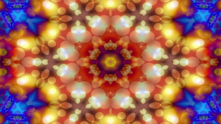 Foto abstract kleurrijk glanzend en hypnotiserend concept symmetrisch patroon sier decoratieve caleidoscoop beweging geometrische cirkel en stervormen