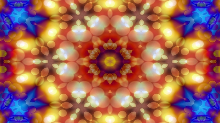 Foto abstract kleurrijk glanzend en hypnotiserend concept symmetrisch patroon sier decoratieve caleidoscoop beweging geometrische cirkel en stervormen