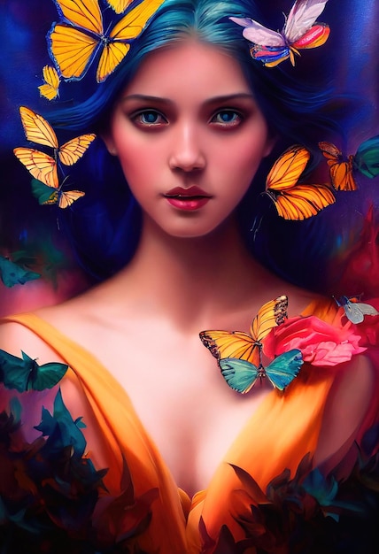 Abstract kleurrijk portret van een mooi meisje met vlinders Modieuze leuke vrouw