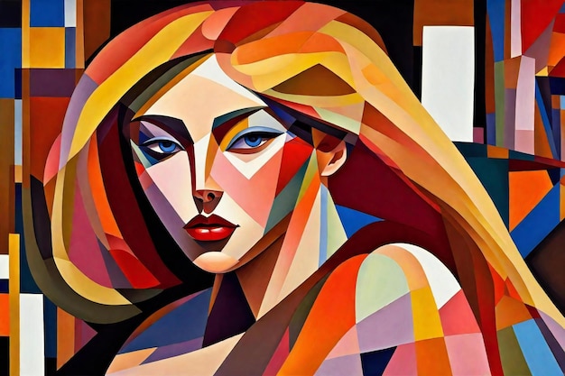 Abstract kleurrijk portret van een mooie jonge vrouw met lang haar Hedendaagse kunst