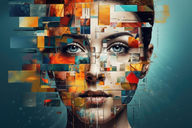 Abstract Kleurrijke grafische collage Menselijke portretten Psychologie Stress Schizofrenie Illustratie