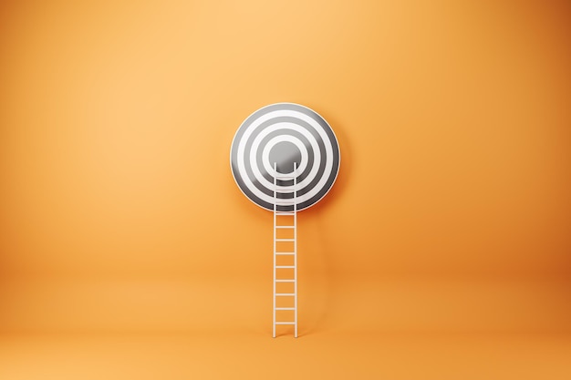 Abstract ladder leading to bulls eye target on orange wall\
background targeting career and aim concept 3d rendering