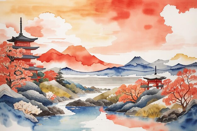 Abstract landscape background in traditional japanese themed watercolour style