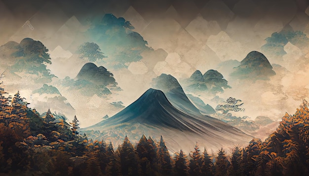 Photo abstract landscape background with asia traditional icon and symbol 3d illustration