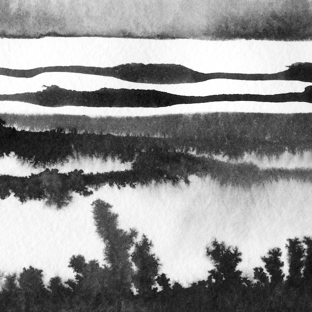 Abstract landscape ink hand drawn illustration Black and white ink winter landscape with river Minimalistic hand drawn illustration card background poster banner Hand drawn watercolor black lines