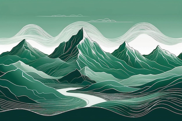 녹색 배경에 추상적인 풍경 산 하 파도 선의 언덕과 함께 라인 아트 벽지 디자인 손으로 그려진 산의 파노라마 뷰 표지 배너 장식 포스터에 적합합니다.