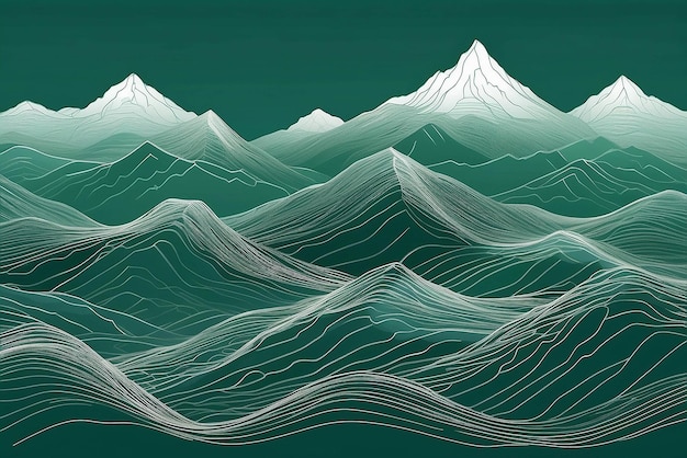 녹색 배경에 추상적인 풍경 산 하 파도 선의 언덕과 함께 라인 아트 벽지 디자인 손으로 그려진 산의 파노라마 뷰 표지 배너 장식 포스터에 적합합니다.