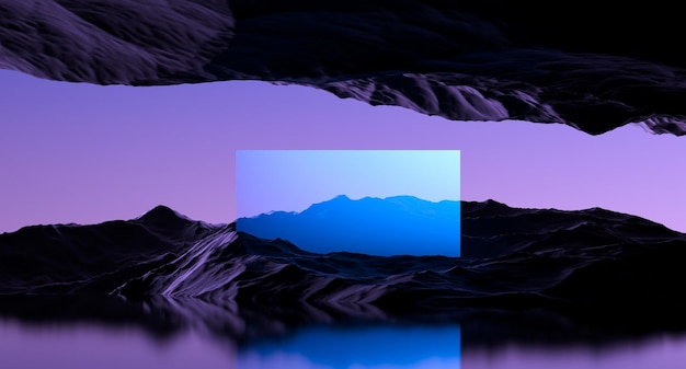 Photo abstract landscape of mountains and blue transparent glowing screen futuristic fantasy landscape of mountains 3d render