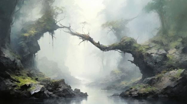 Abstract landscape of a tranquil misty waterfall Created with Generative AI technology