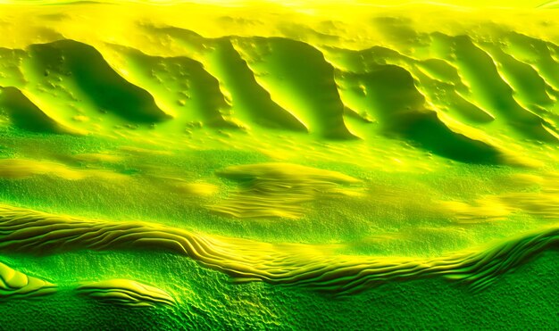 An abstract landscape of vivid green and gold with textured layers resembling rolling hills and valleys