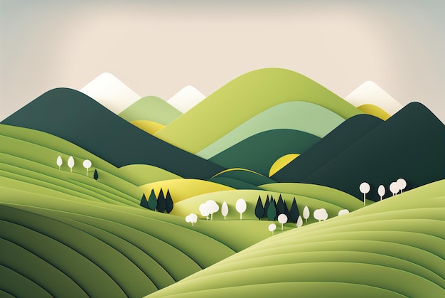 Abstract landscape wallpaper background illustration design with green hills and mountains