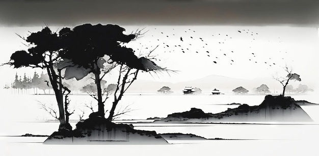 Абстрактный пейзаж с горами в японском стиле Generative AI