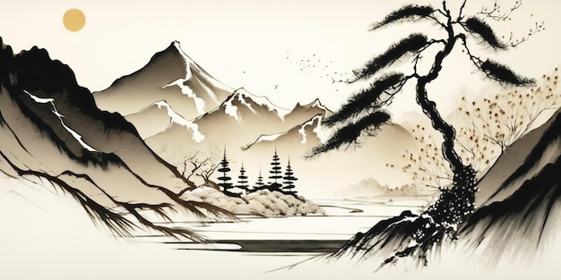 Абстрактный пейзаж с горами в японском стиле