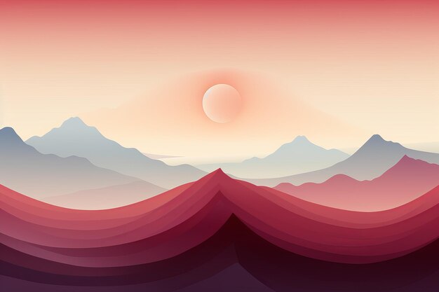 an abstract landscape with mountains and a sun in the sky