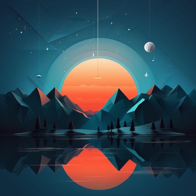An abstract landscape with mountains trees and a sunset