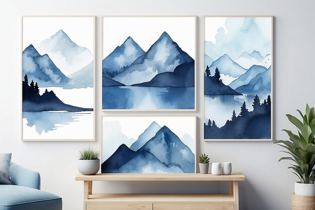 Abstract Landscapes Modern Watercolor Illustrations in Blue and Pastel Tones