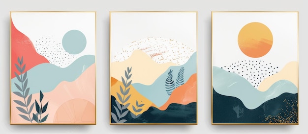 Abstract landschap triptiek met gouden accenten
