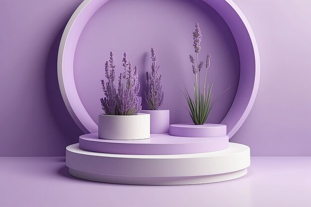 Abstract lavender 3d room with set of realistic purple white cylinder pedestal podium