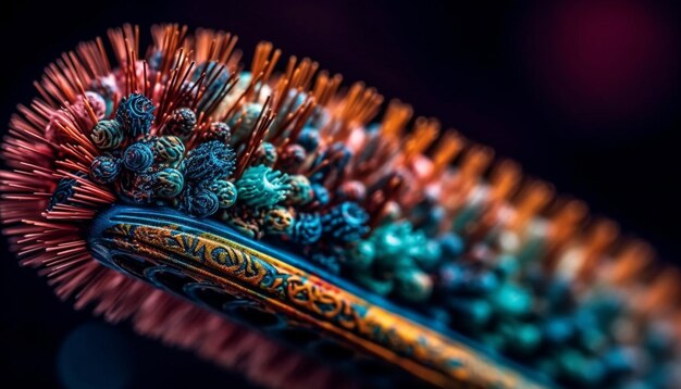 Abstract leather ball showcases vibrant colors in extreme close up generated by AI