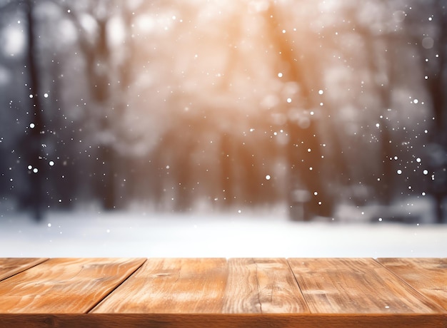 Abstract leeg houten tafelblad met kopie ruimte over kerst winter bokeh wazig lichte achtergrond