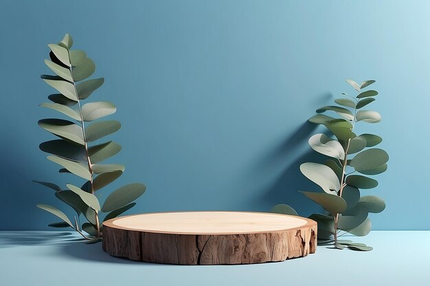 Abstract leeg houtsnijpodium met eucalyptusbladeren en schaduwen op blauwe achtergrond Mock-up stand voor productpresentatie 3D Render Minimal concept Advertising template