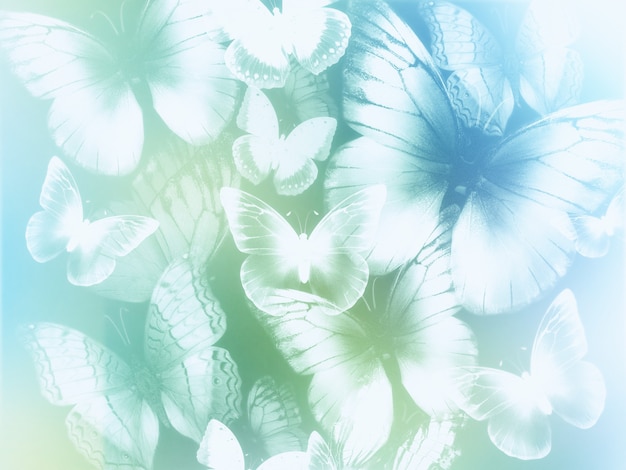 Abstract light blue and green background with white butterflies