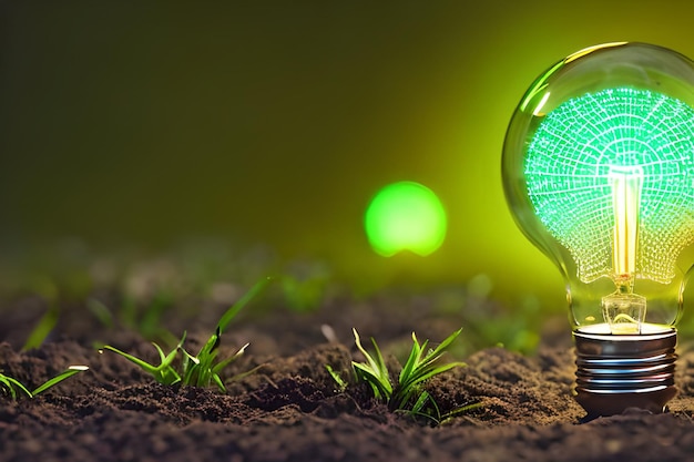 Abstract light soil and light bulb with glowing plant energy Renewable energy concept green energy concept energy saving concept and environmentally friendly