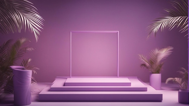 Abstract light violet podium with frame and palm leaf background 3d render