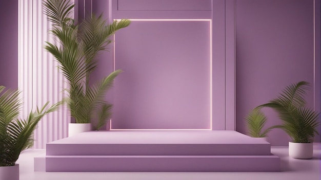 Abstract light violet podium with frame and palm leaf background 3d render