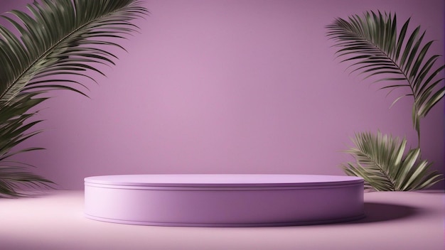 Абстрактный светло-фиолетовый подиум с рамкой и фоном из пальмовых листьев 3d рендеринг