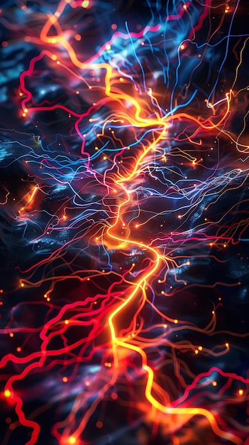 Abstract lines of electricity intersecting on a dark canvas creating dynamic glowing patterns filled with energy