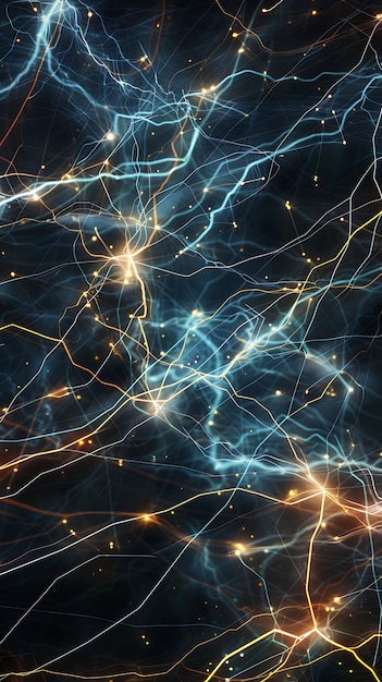 Abstract lines of electricity intersecting on a dark canvas creating dynamic glowing patterns filled with energy